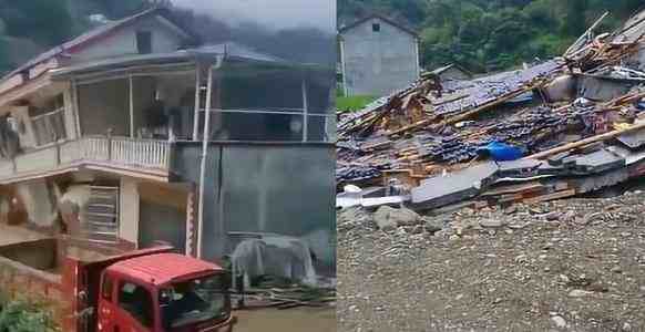 湖北村民50万建的新房被洪水冲倒
