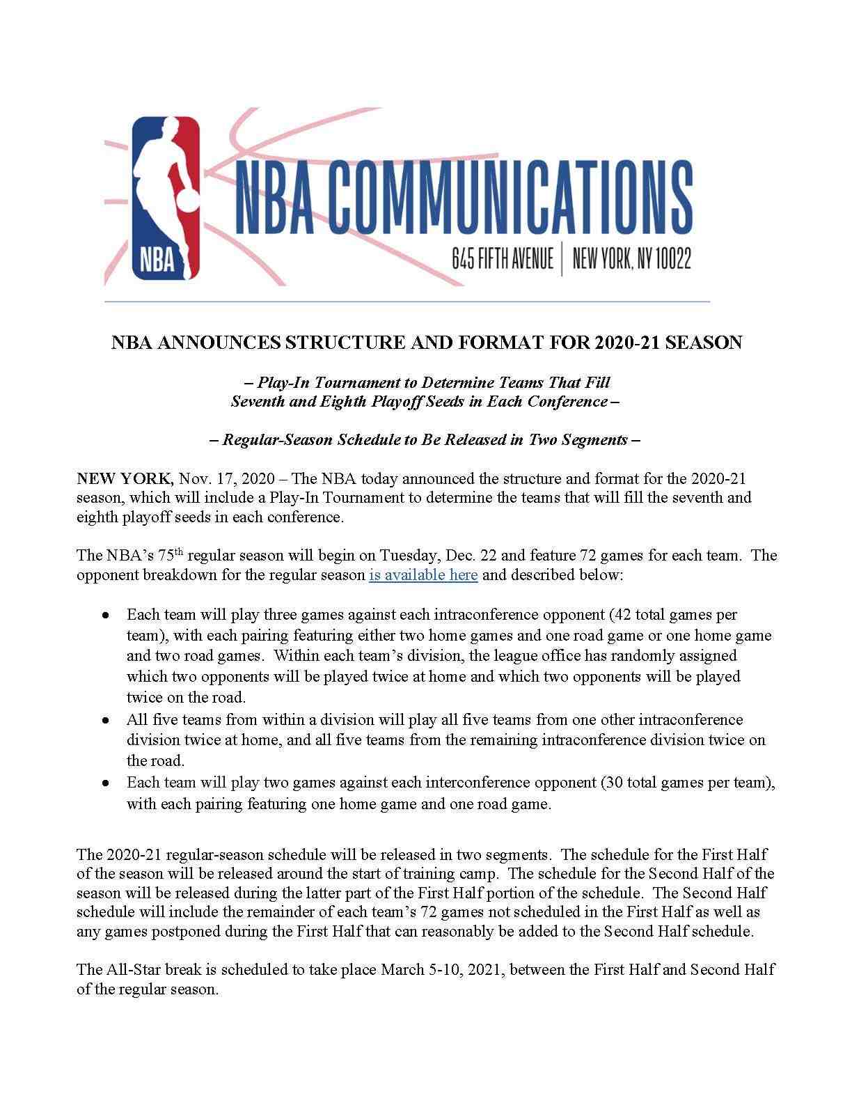 NBA公布新赛季赛程和赛制，排位赛规则出炉