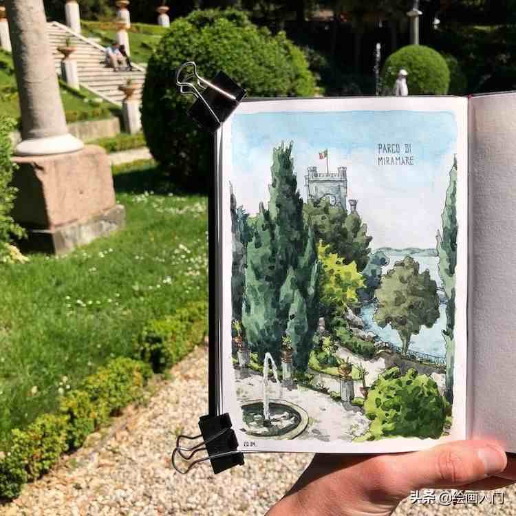 速写本上的钢笔淡彩欧洲风情建筑，用绘画记录旅行，捕捉精彩瞬间