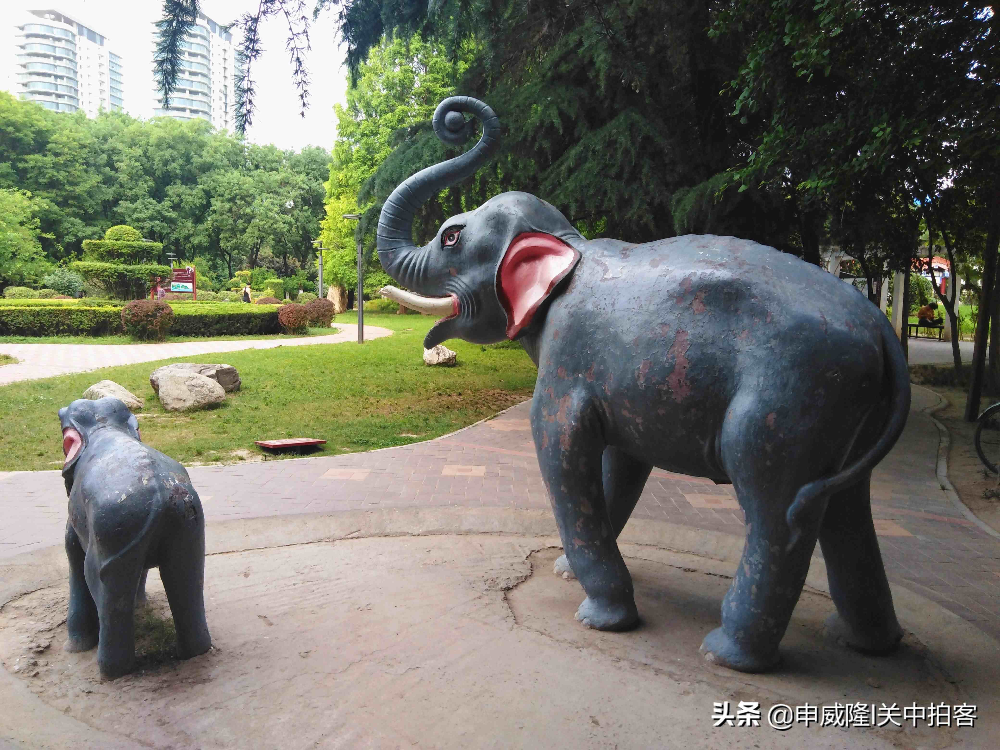 咸阳渭滨公园：三对动物雕塑（大象、斑马和长颈鹿）