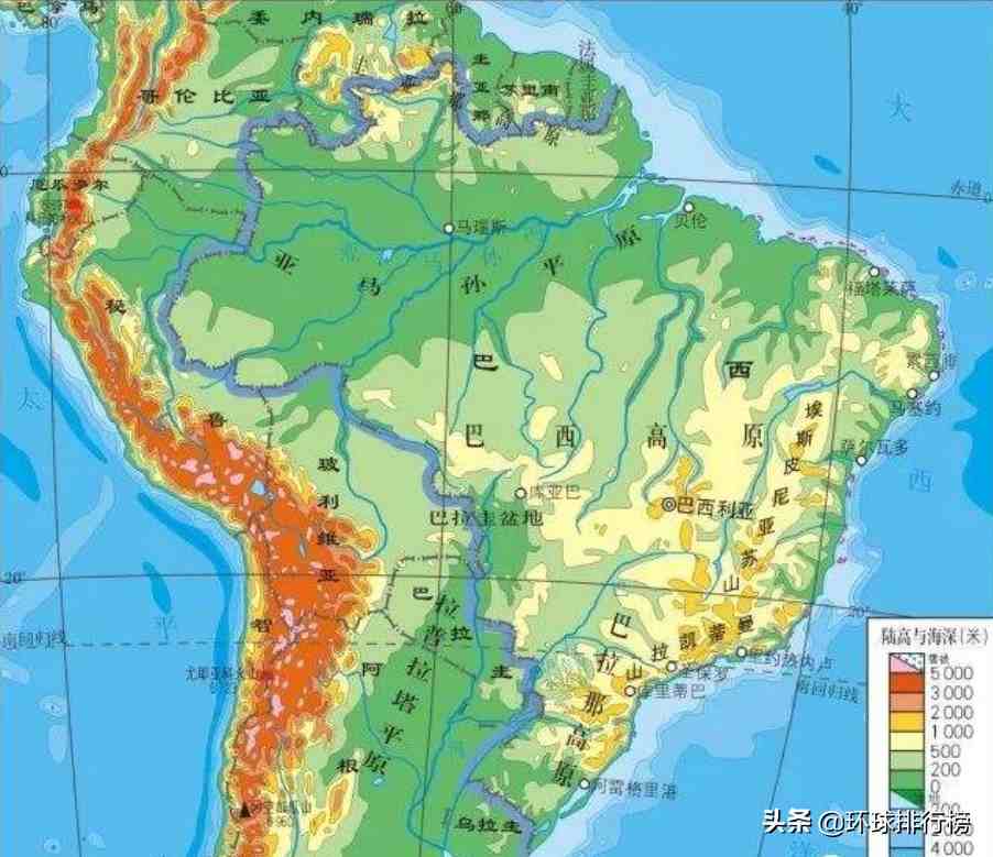 南美洲南部地區主要有巴西高原和拉普拉塔平原,西部則是安第斯山脈
